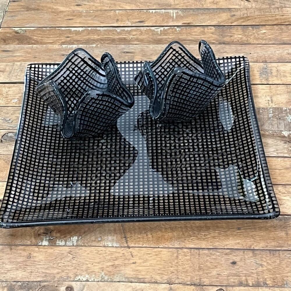 Fused Glass Serving Tray and Bowl Set 11.5" Clear Black Grid Pattern Modern